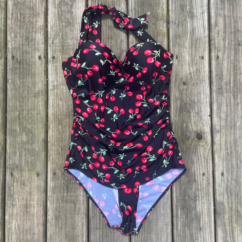 Cherry print black and red one piece swimsuit